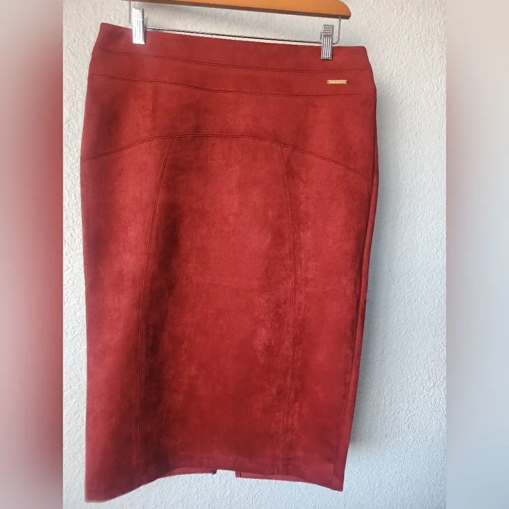 ANDREW MARC faux suede Red Pencil Skirt full control waistband dark Rust Orange
